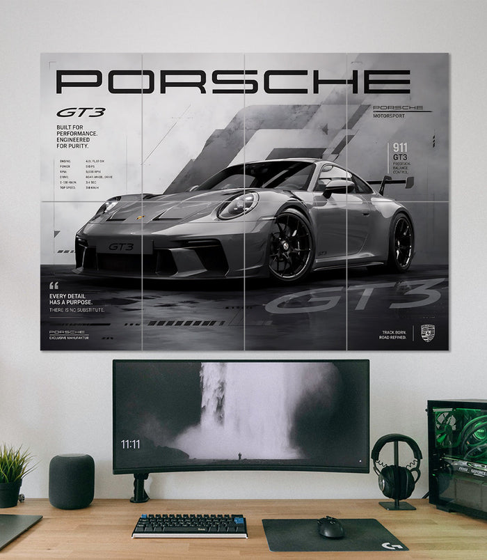 Porsche 911 GT3 | Minimal Motorsport Wall Art | 8 Panel Split Wall Set